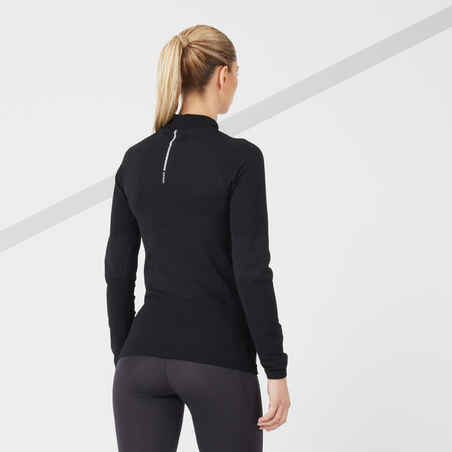 חולצת טי ארוכה לנשים לריצה ללא תפרים KIPRUN SKINCARE  - שחור