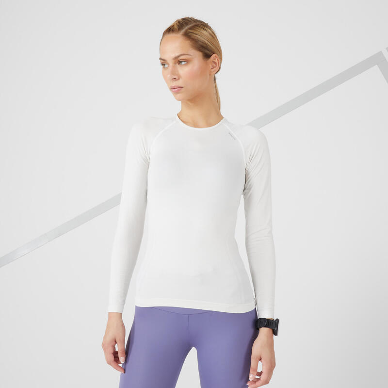 Camiseta running térmica transpirable Mujer Kiprun skincare azul blanca