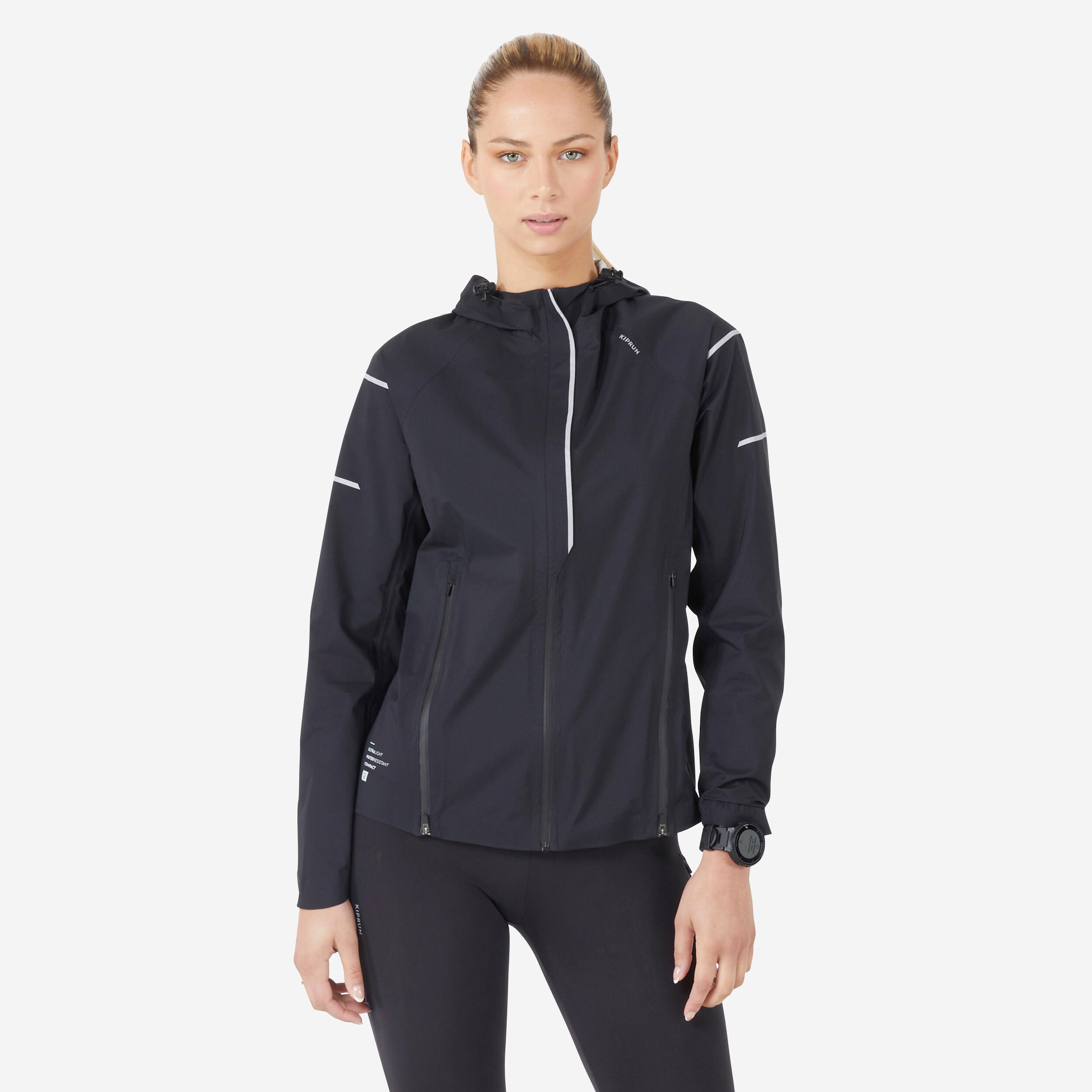 veste running femme impermeable coupe-vent - kiprun rain+ noir - kiprun