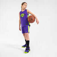 Berniukų / mergaičių krepšinio šortai „SH500“, violetiniai / geltoni