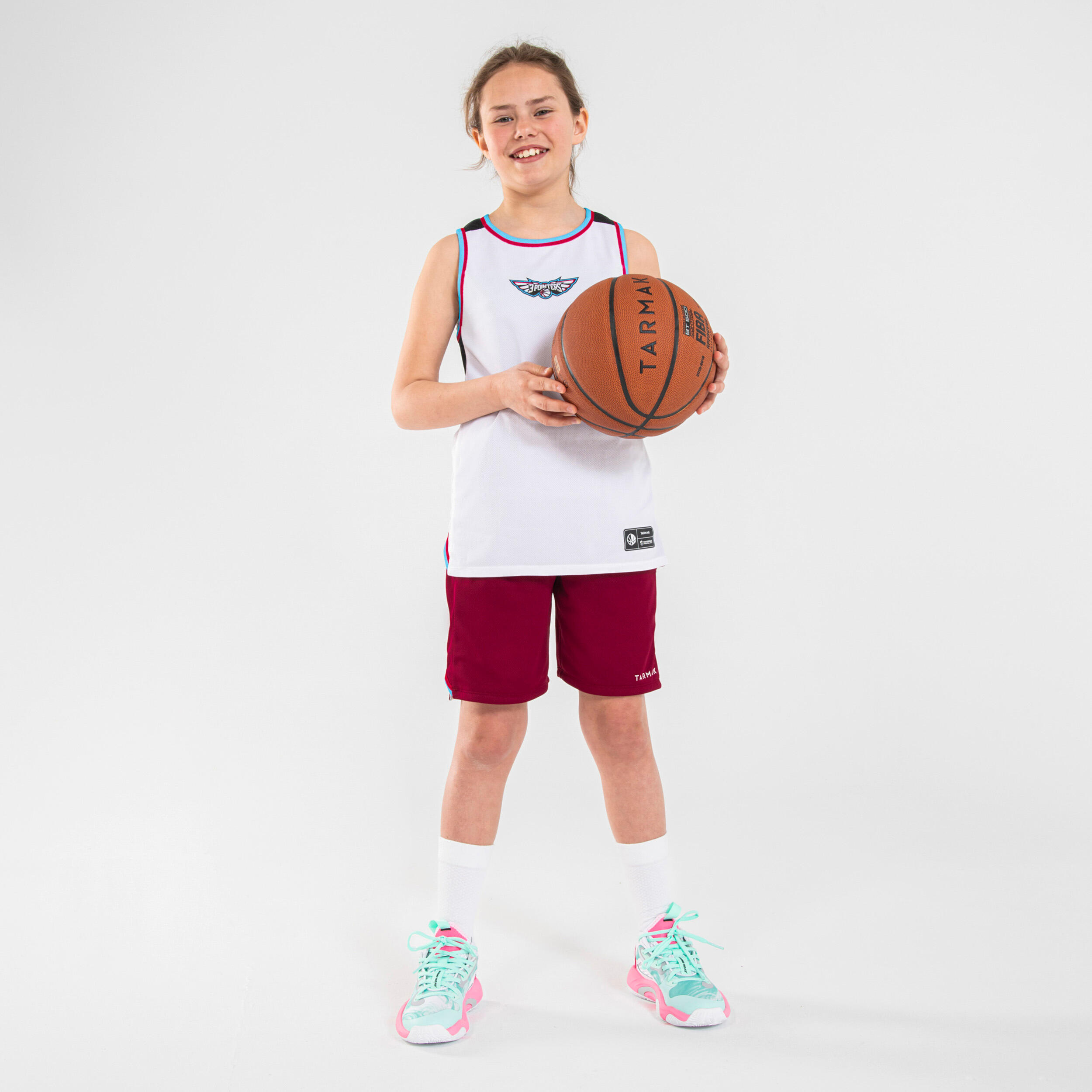 Kids' Reversible Sleeveless Basketball T-Shirt / Jersey T500R - White/Burgundy 7/7