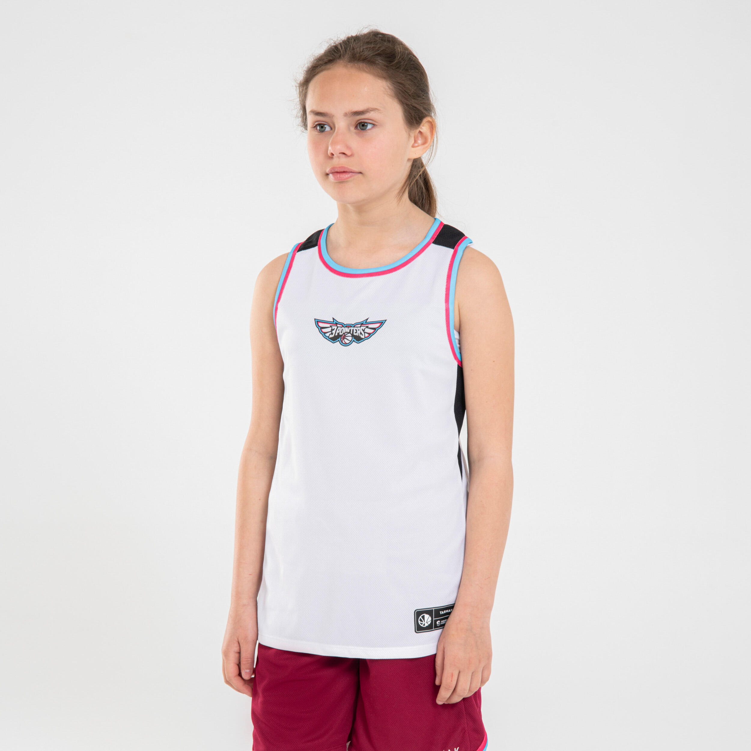 Kids' Reversible Sleeveless Basketball T-Shirt / Jersey T500R - White/Burgundy 6/7