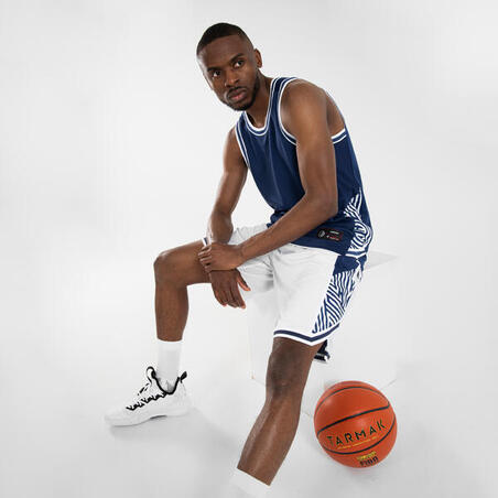 Майка чоловіча T500R для баскетболу двостороння біла/темно-синя з принтом USA