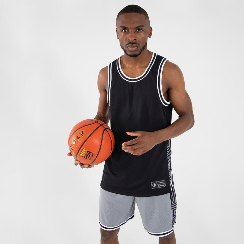 MAILLOT BASKETBALL SANS MANCHE REVERSIBLE HOMME/FEMME - T500R GRIS NOIR BUZZER