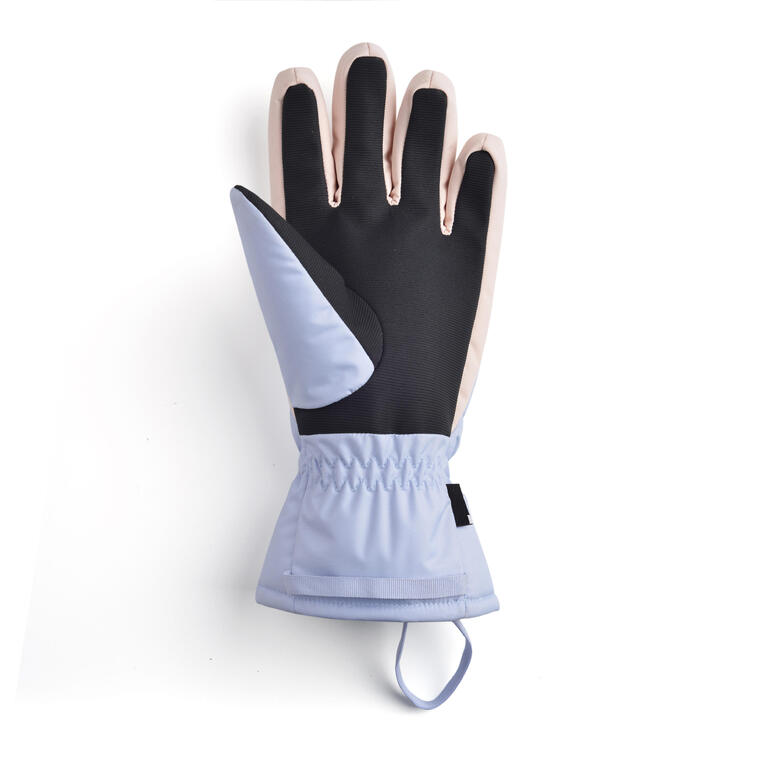 Light purple adult ski gloves with black palms and elastic wrist cuffs