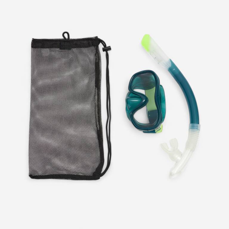 Adult snorkelling Kit 100 COMFORT mask and DRYTOP snorkel green with bag