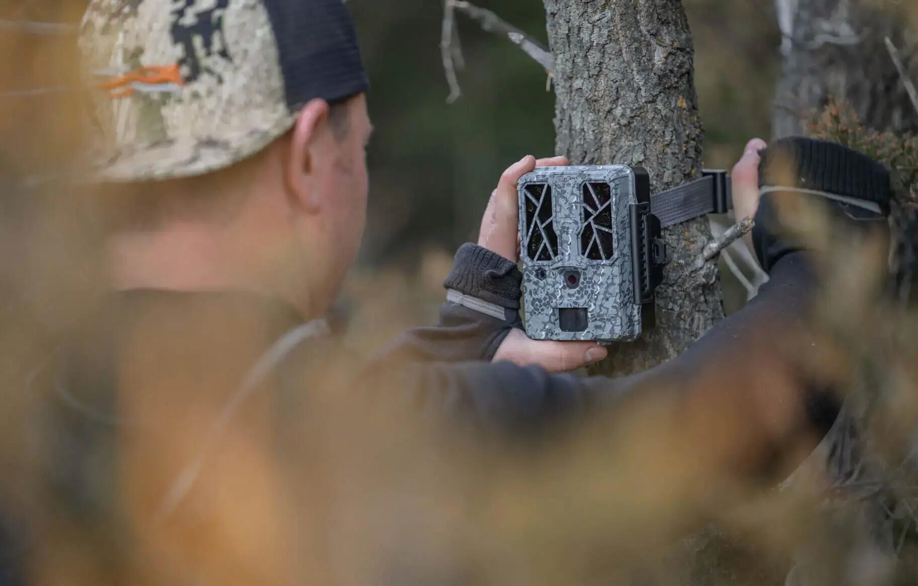 une personne qui positionne une caméra de chasse sur un arbre