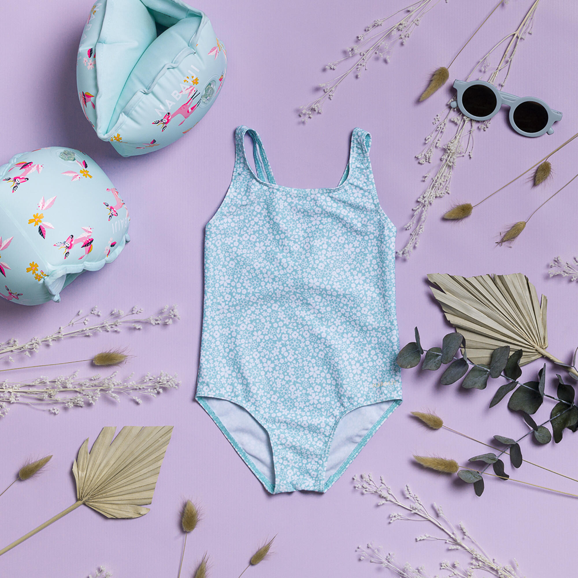 Baby Girls’ 1-Piece Swimsuit - Mint Green Flower Print 3/4