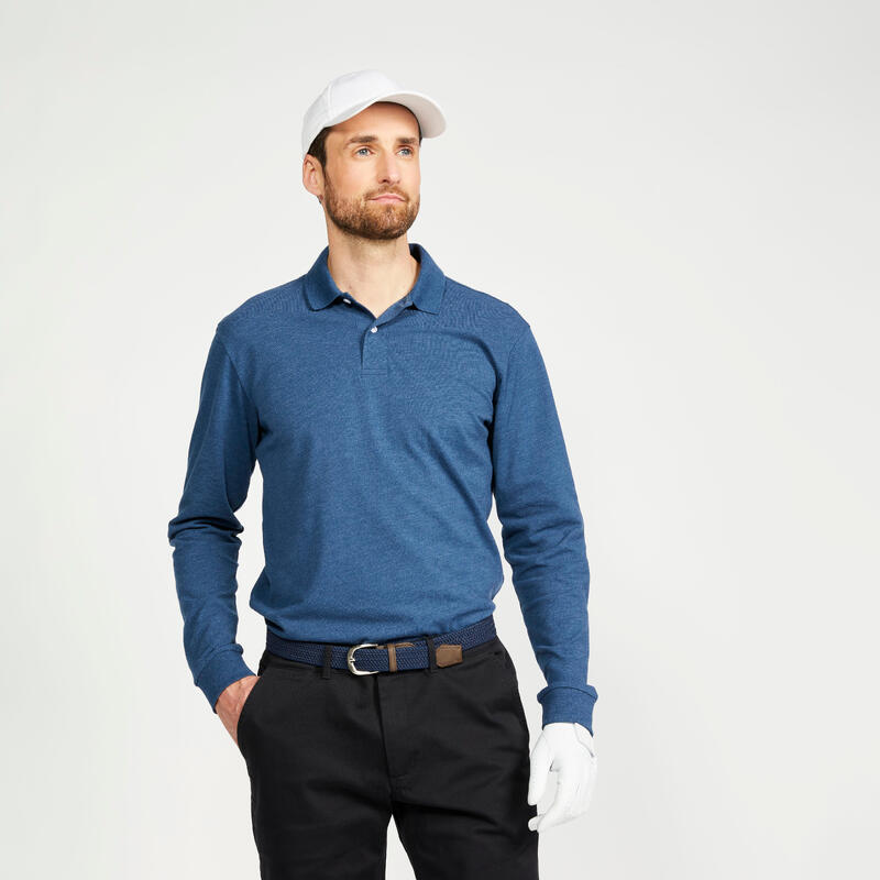 男款高爾夫長袖Polo衫MW500－鯨魚藍