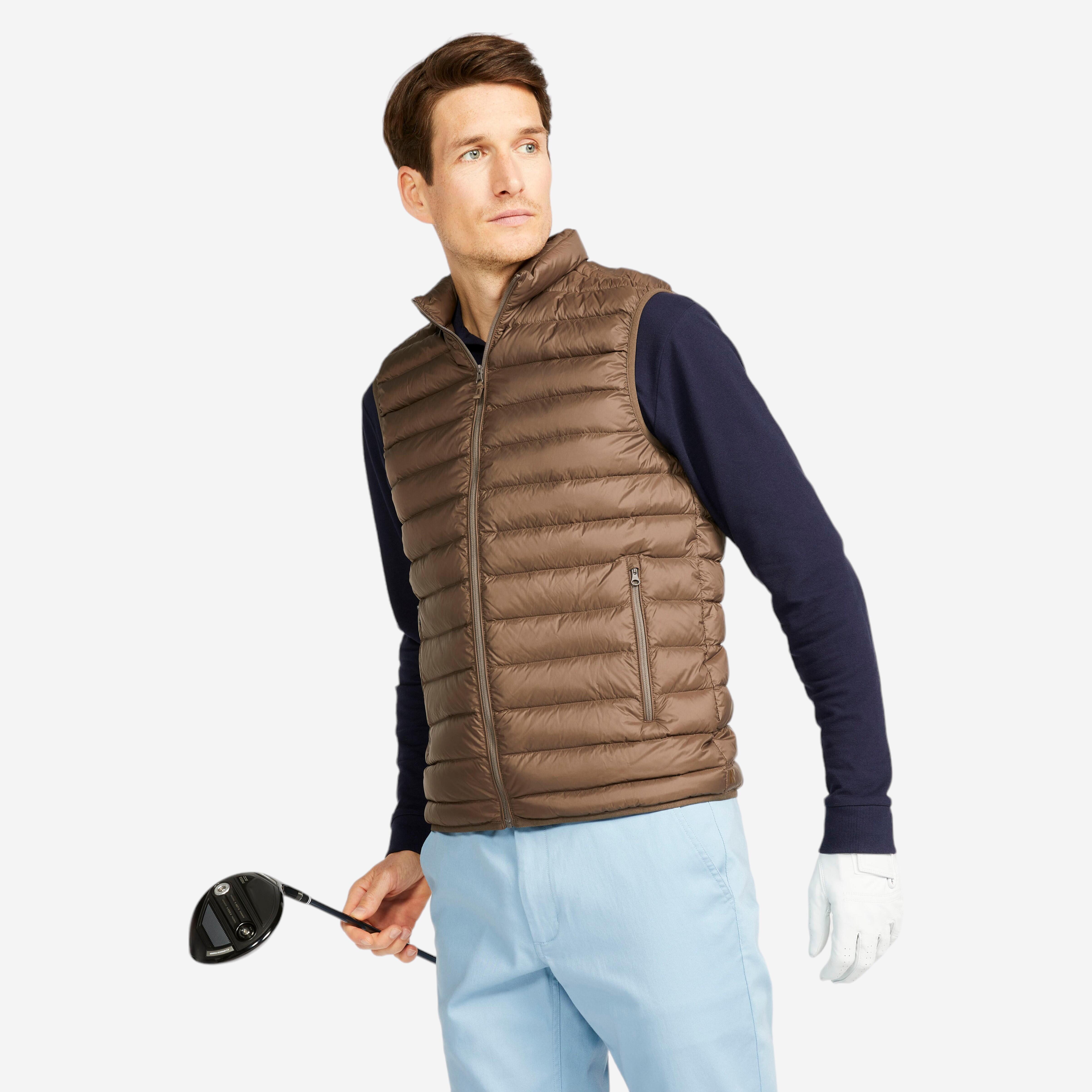 Men s Sleeveless Down Golf Jacket MW500 brown Decathlon