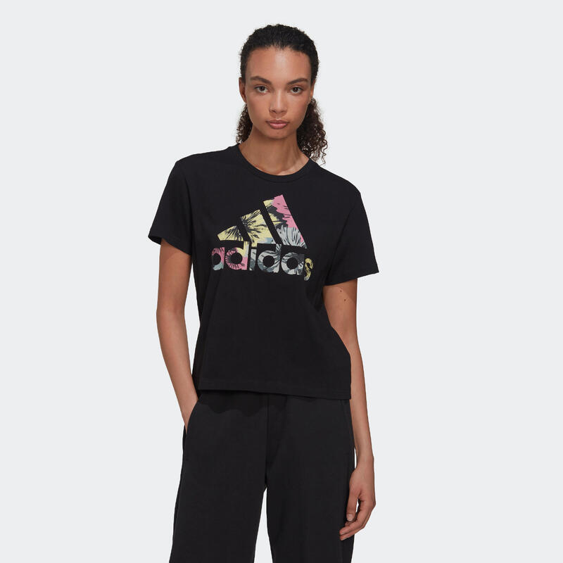 T-shirt donna fitness Adidas 100% cotone nero-multicolore