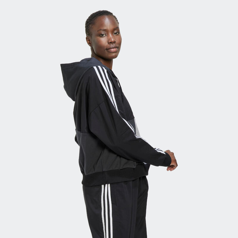 Felpa donna fitness Adidas cotone con cappuccio nera-grigia