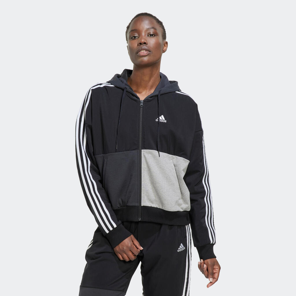 Women's Low-Impact Fitness Hooded Tracksuit Top Colour Block - Black/Grey