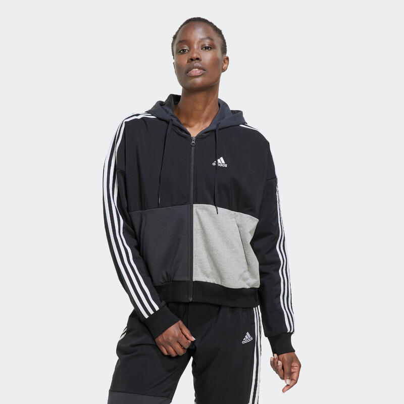 Felpa donna fitness Adidas cotone con cappuccio nera-grigia