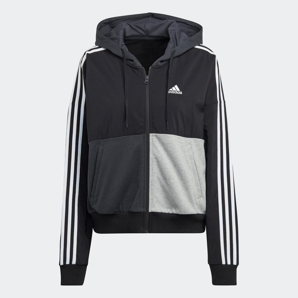 ДАМСКО ГОРНИЩЕ С КАЧУЛКА ЗА ФИТНЕС ADIDAS COLOR BLOCK, ЧЕРНО/СИВО