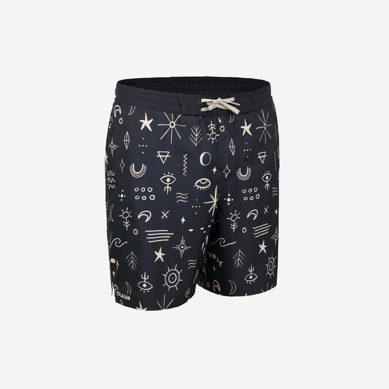 Erkek Uzun Deniz Şortu/Boardshort - Siyah - Sembol Desenli - 100