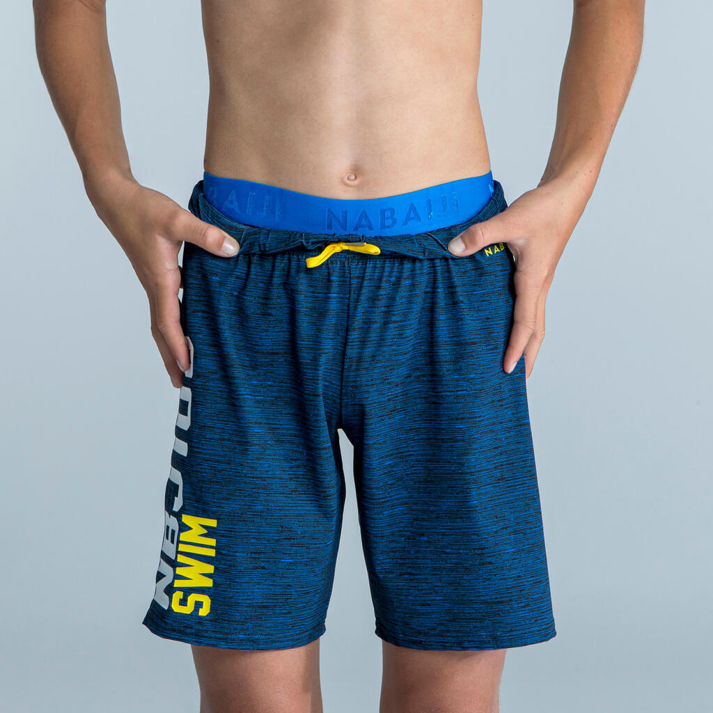 Boy's Swim Shorts - 100 Long - Pool Navy Blue / Ochre