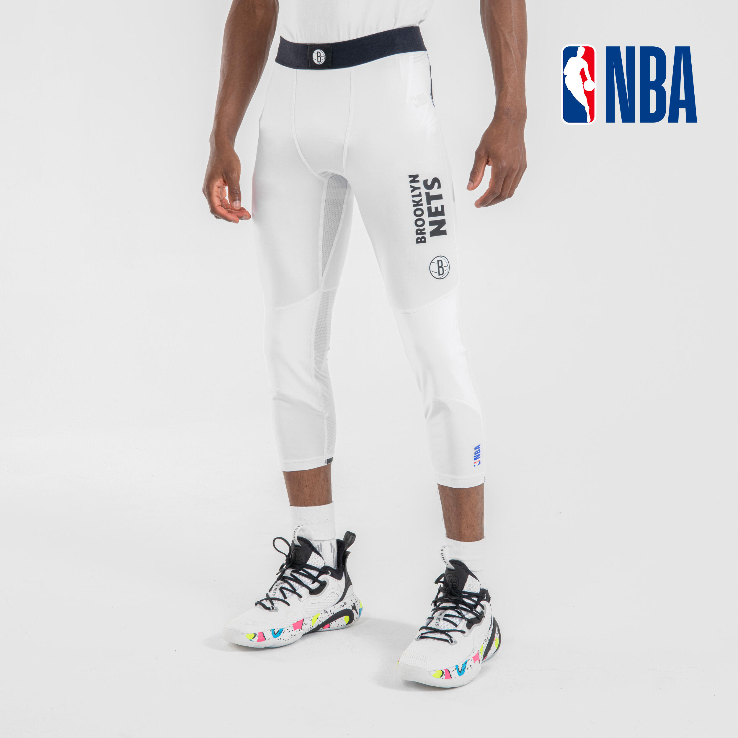 Colanți termici 3/4 Baschet 500 NBA Brooklyn Nets Alb Adulți 3/4