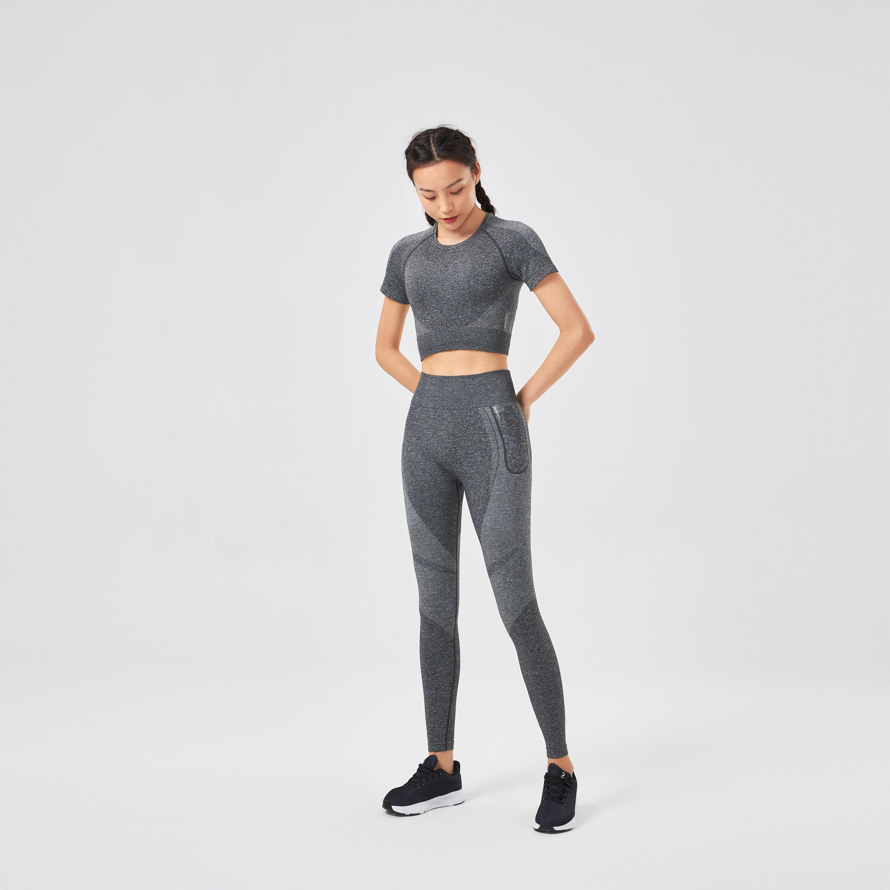 Leggings donna fitness 900 vita alta seamless grigi 9/18