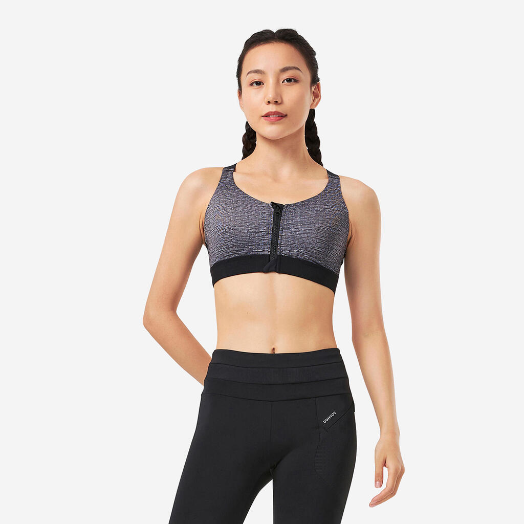 Women's High Support Zip-Up Sports Bra with Cups - Black/Grey