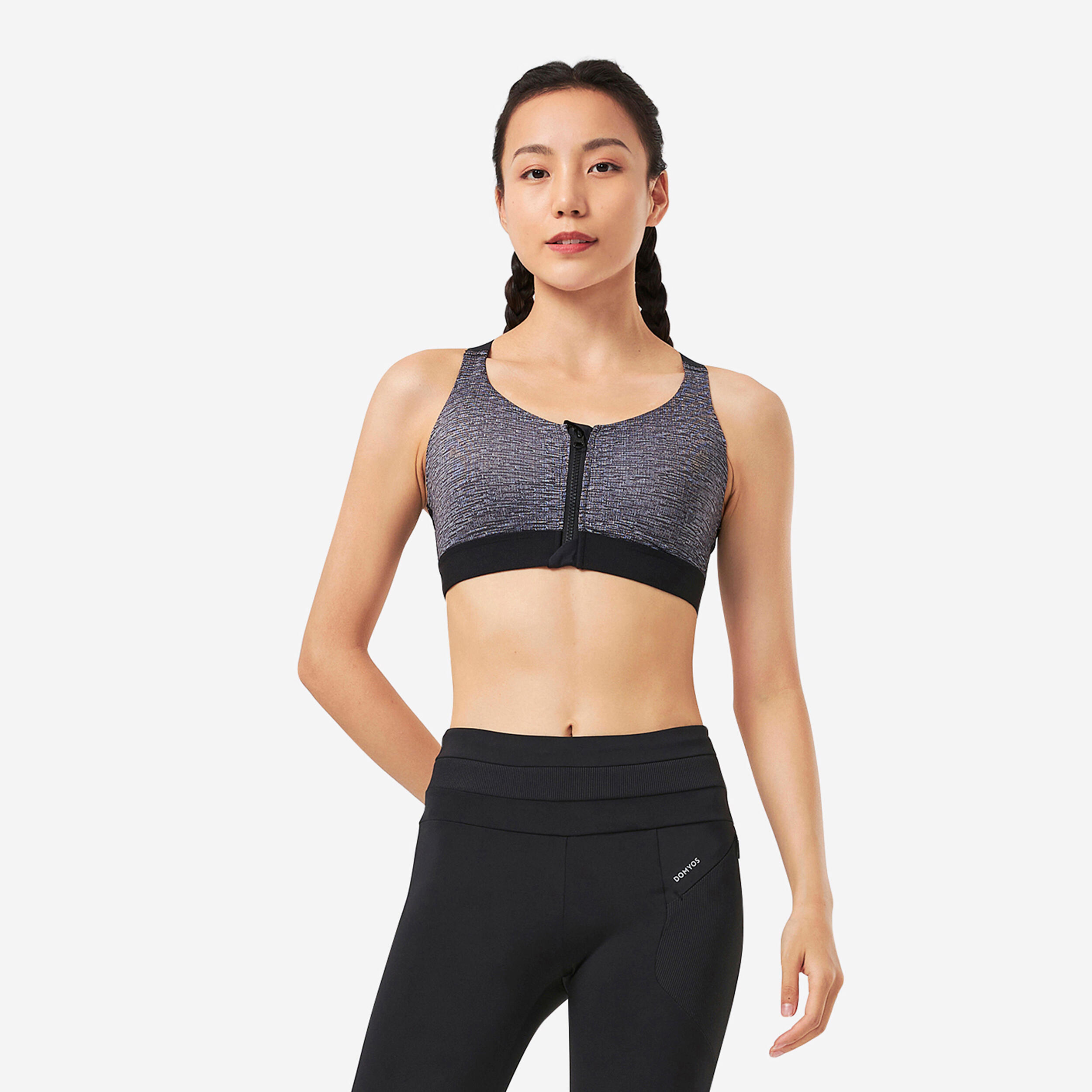 DOMYOS Women's High Support Zip-Up Sports Bra with Cups - Grey/Black