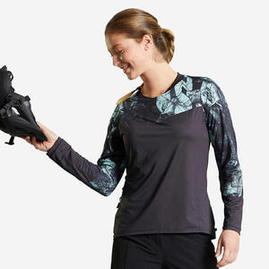 Maillot Ciclismo MTB Expl 500 Mujer Negro Verde Manga Larga