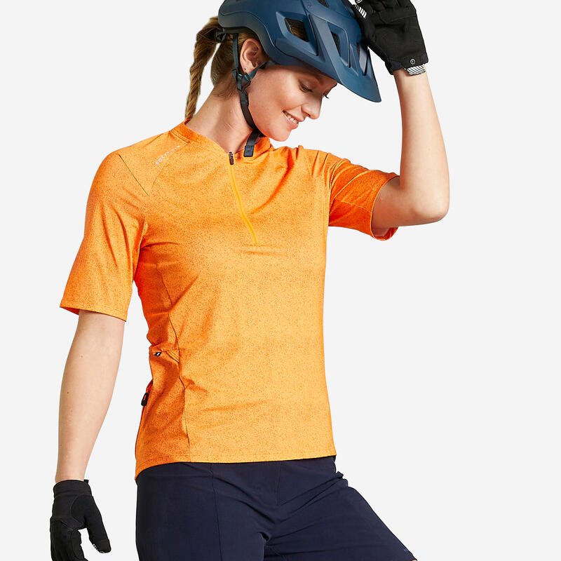 Dámský cyklistický dres na horské kolo ST500 s krátkými rukávy oranžový 