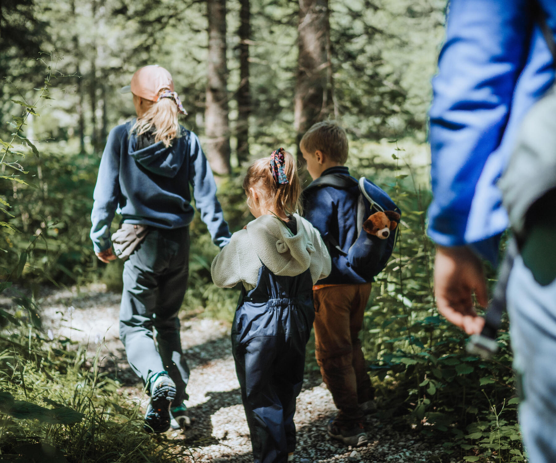 três crianças a caminhar na natureza acompanhados por um adulto decathlon
