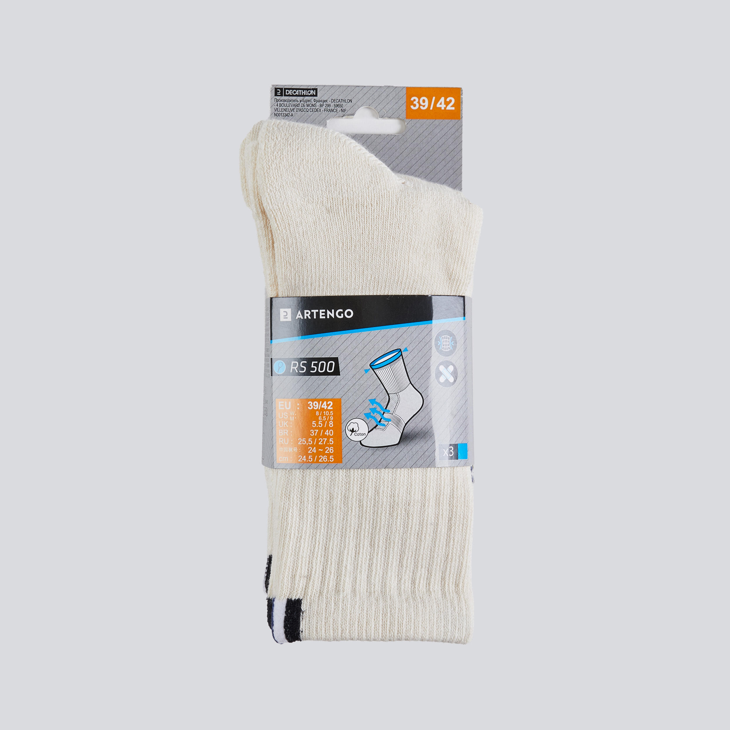 High Tennis Socks RS 500 Tri-Pack - Grege 14/14