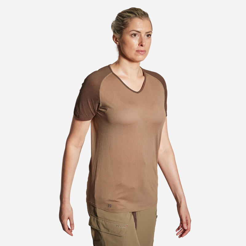 Camiseta Caza Solognac 500 Mujer Marrón Ligera Manga Corta Transpirable