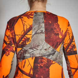 WOMEN 500 HUNTING SILENT BREATHABLE LONG SLEEVE T-SHIRT - NEON CAMOUFLAGE