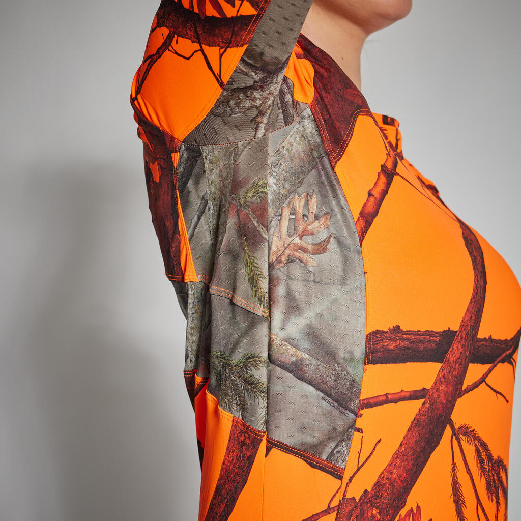 Dámske poľovnícke tričko 500 s dlhým rukávom nehlučné priedušné maskovacie fluo