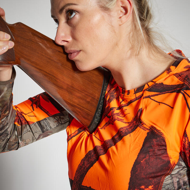 Jagdshirt langarm 500 Damen geräuscharm atmungsaktiv camouflage/orange 