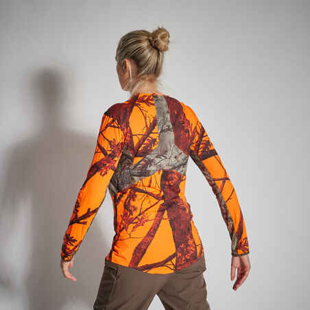 Moteriški ilgarankoviai nečežantys ir orą praleidžiantys medžiokliniai marškinėliai „500“, fluorescencinio kamufliažo
