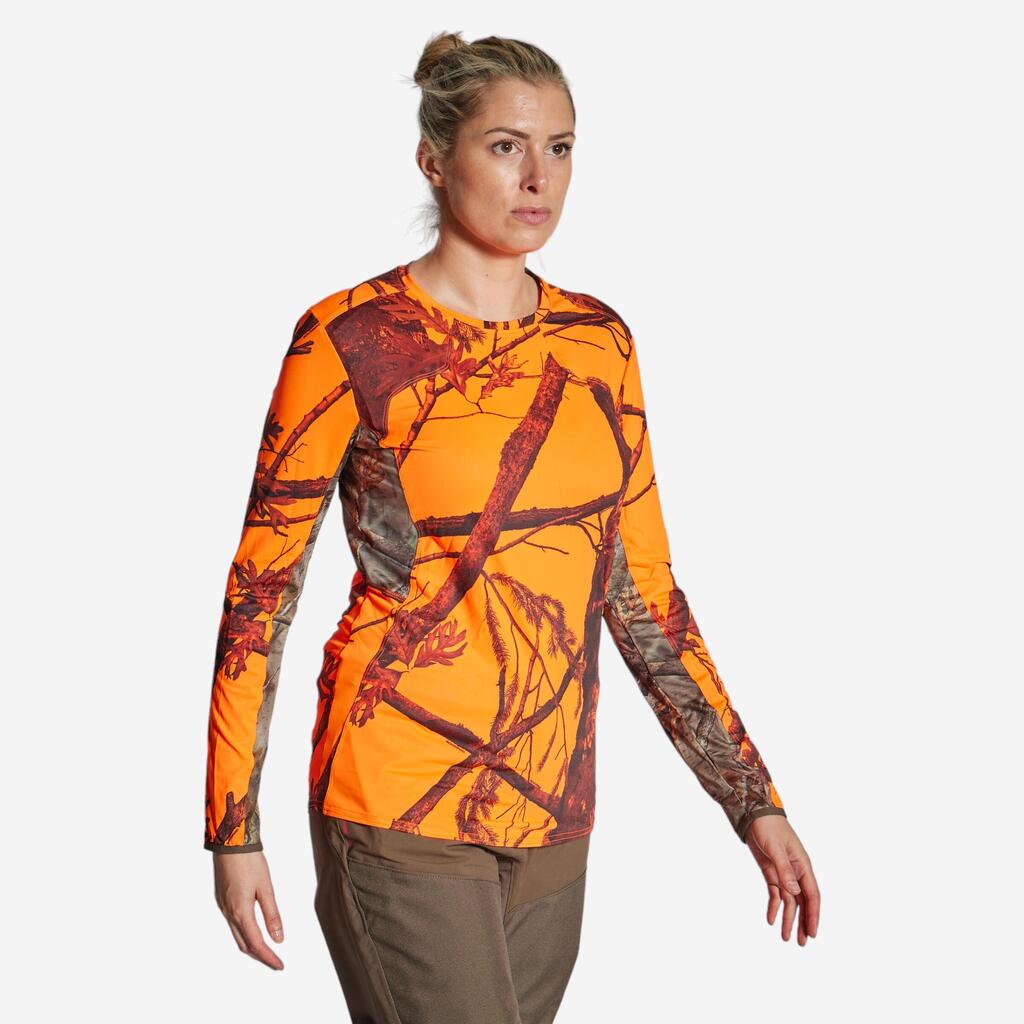 WOMEN 500 HUNTING SILENT BREATHABLE LONG SLEEVE T-SHIRT - NEON CAMOUFLAGE