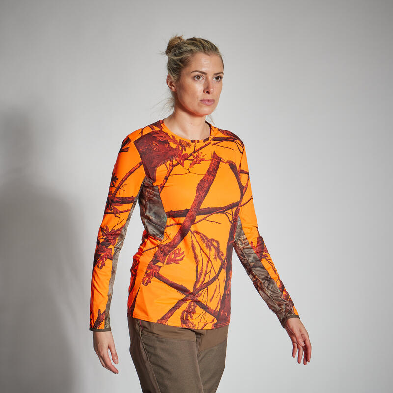 Jagdshirt langarm 500 Damen geräuscharm atmungsaktiv camouflage/orange 