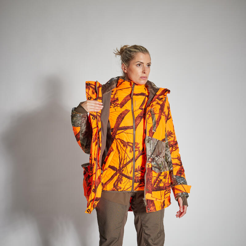 Jagdjacke Regenjacke 500 Damen 3-in-1 warm geräuscharm camouflage/orange 