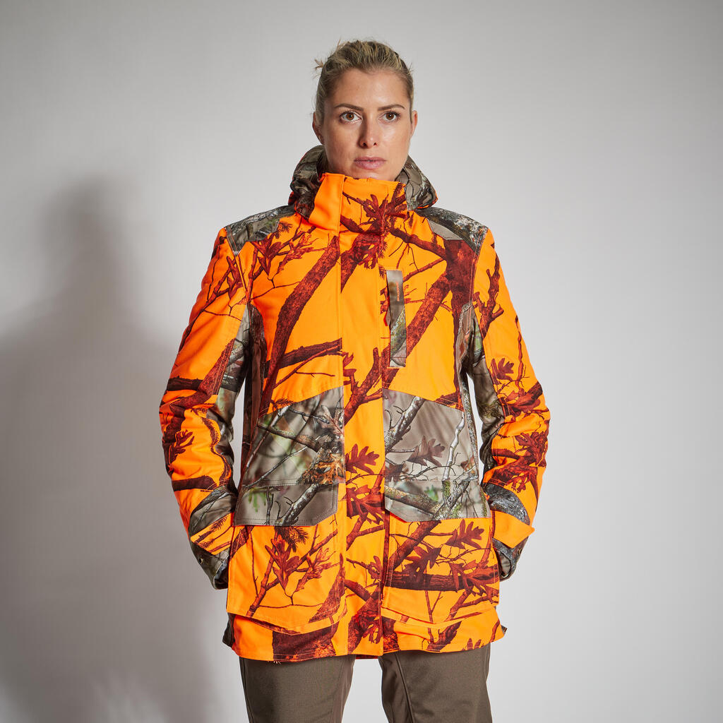 Jagdjacke Regenjacke 500 Damen 3-in-1 warm geräuscharm camouflage/orange 