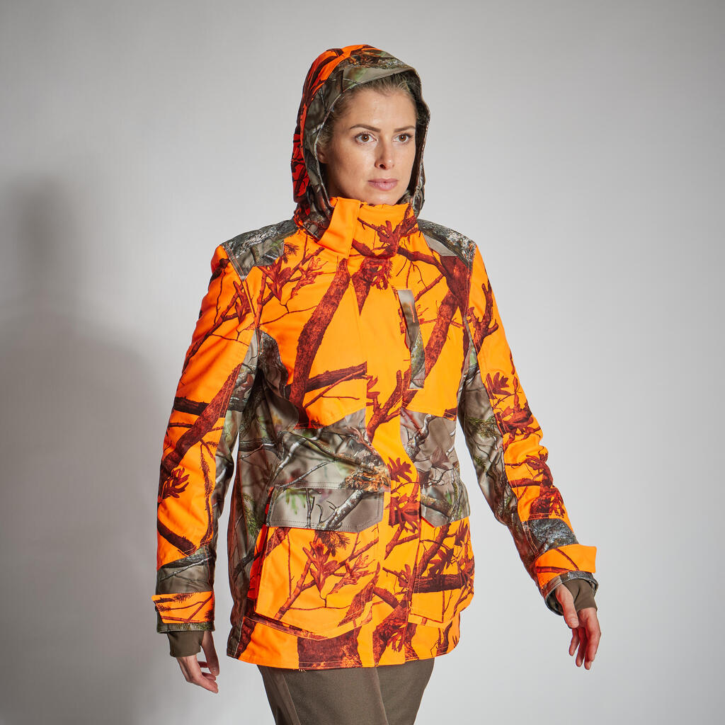 Jagdjacke Regenjacke 500 3-in-1 Damen warm geräuscharm camouflage/orange 