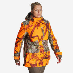 VESTE CHASSE FEMME 3 EN 1 CHAUDE IMPERMEABLE SILENCIEUSE CAMOUFLAGE FLUO 500