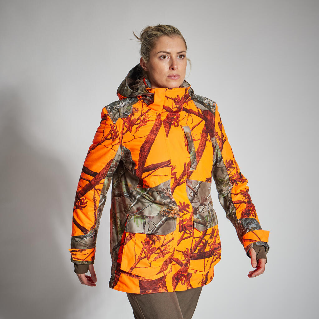 Jagdjacke Regenjacke 500 Damen 3-in-1 warm geräuscharm camouflage/orange 