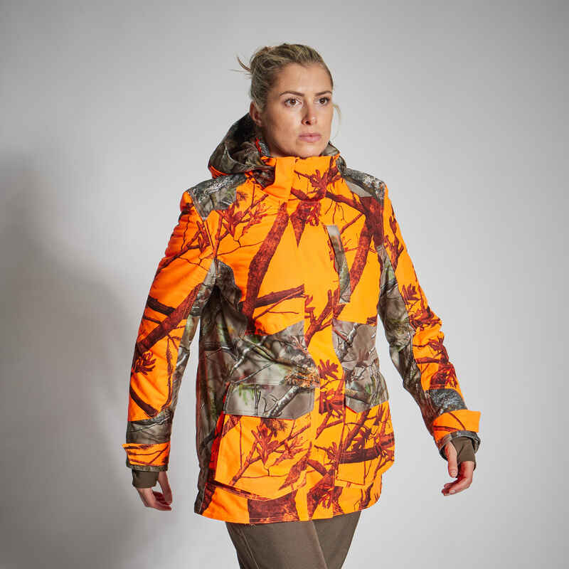 warm geräuscharm Decathlon Damen - camouflage/orange 3-in-1 Regenjacke 500 Jagdjacke