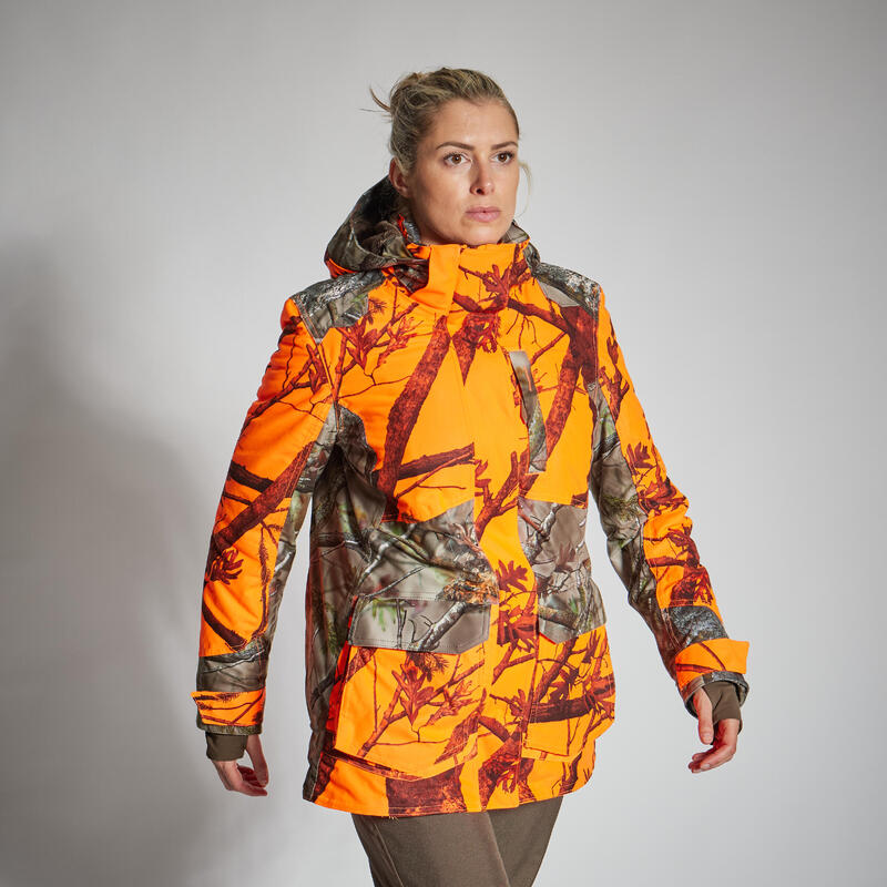 Chaqueta Caza 500 Mujer Camuflaje Fluo 3 En 1 Silenciosa Cálida Impermeable