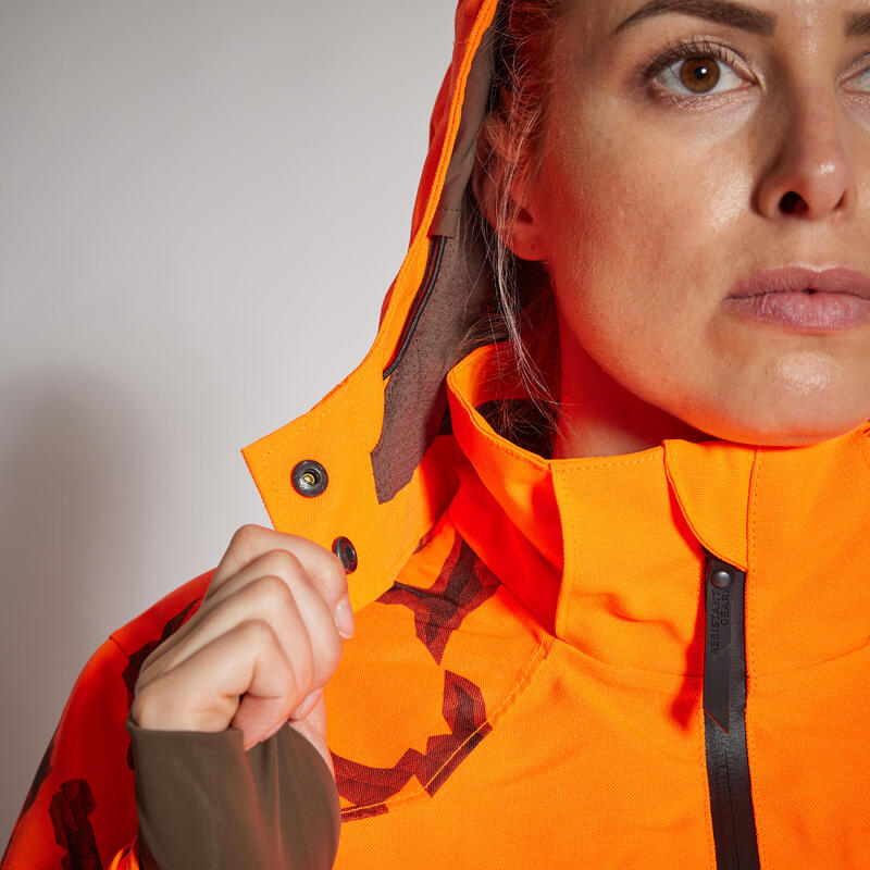 Chaqueta Caza Solognac Mujer Impermeable Reforzada Naranja Fluo Alta Visibiliad