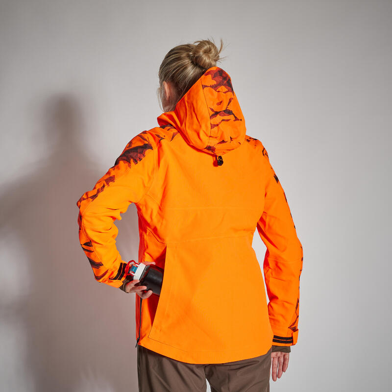 Chaqueta Caza Solognac Mujer Impermeable Reforzada Naranja Fluo Alta Visibiliad