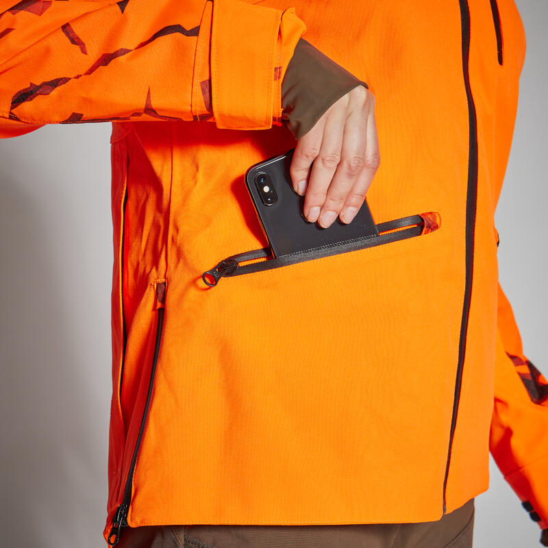 Chaqueta Caza Solognac Mujer Impermeable Reforzada Naranja Fluo Alta Visibiliad