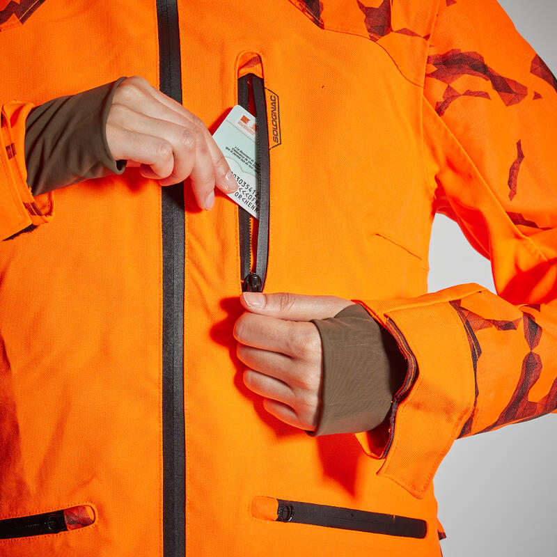 Chaqueta Caza Solognac Mujer Impermeable Reforzada Naranja Fluo Alta Visibiliad