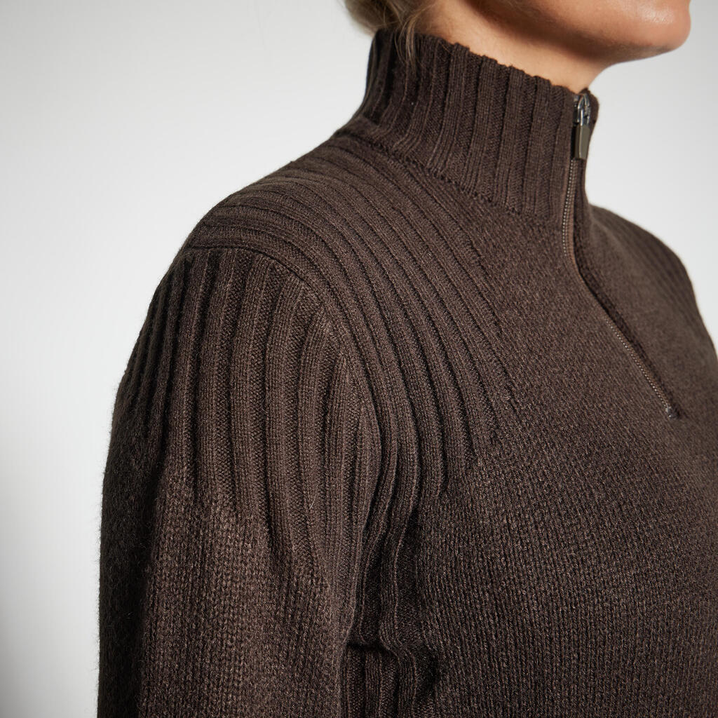 Moteriškas megztas, orą praleidžiantis džemperis su užtrauktuku iki pusės ilgio „500“, rudas