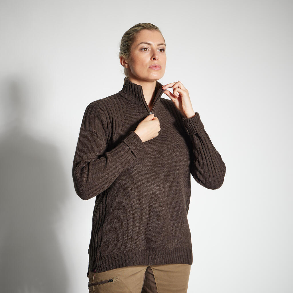 WOMEN'S HALF-ZIP QUIET BREATHABLE KNIT PULLOVER 500 BROWN