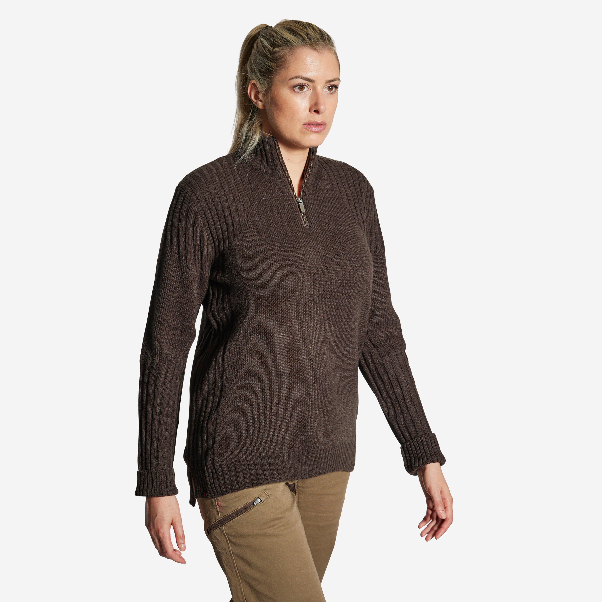 pull demi-zip tricot femme 500 silencieux respirant marron - solognac